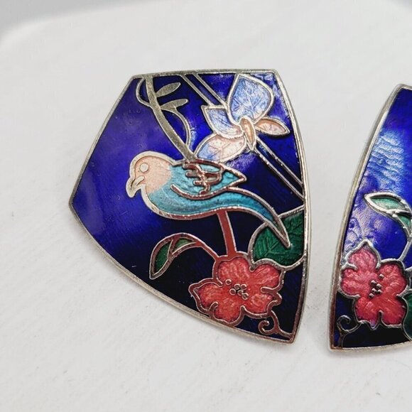Vintage Silver Tone Cloisonne Bird & Flower Earrings Blue Enamel Shield Shape - Picture 3 of 4